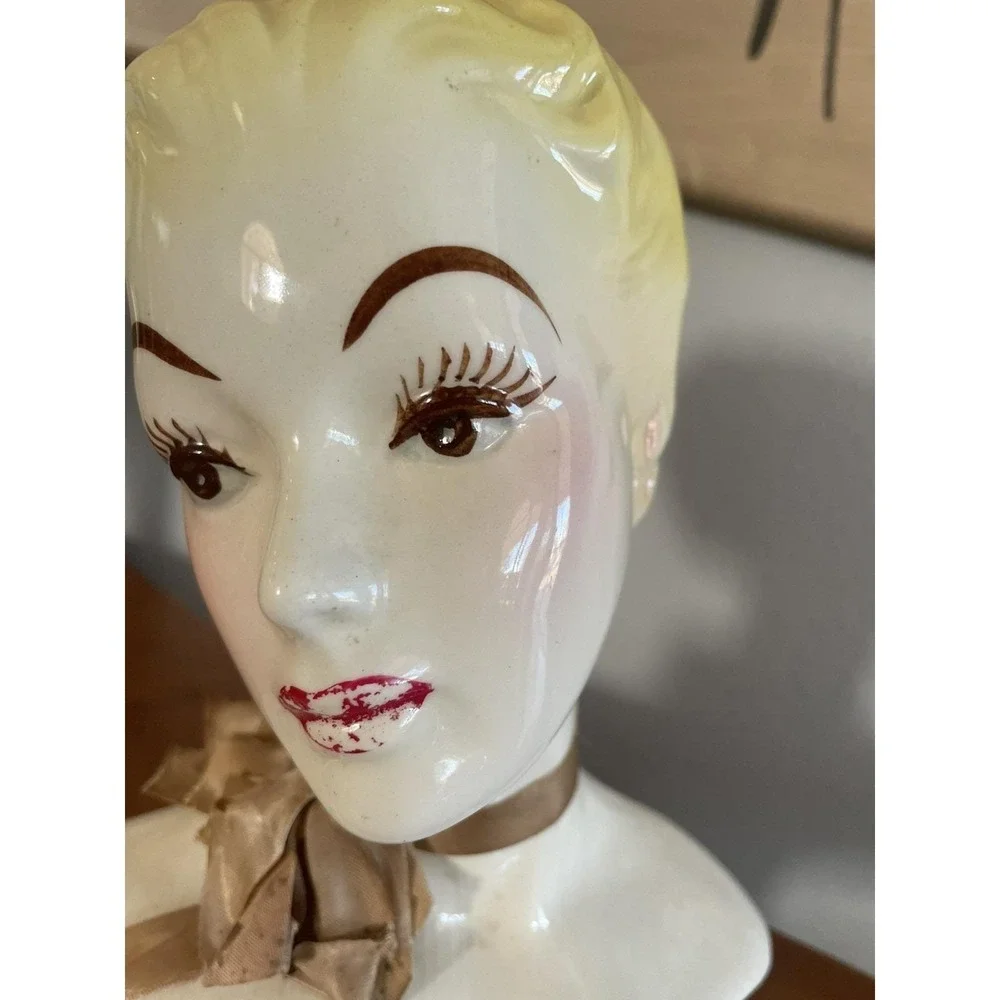 VTG MCM Deco Signed HORTON CERAMICS Head Vase Blonde Glamour Girl Original Scarf